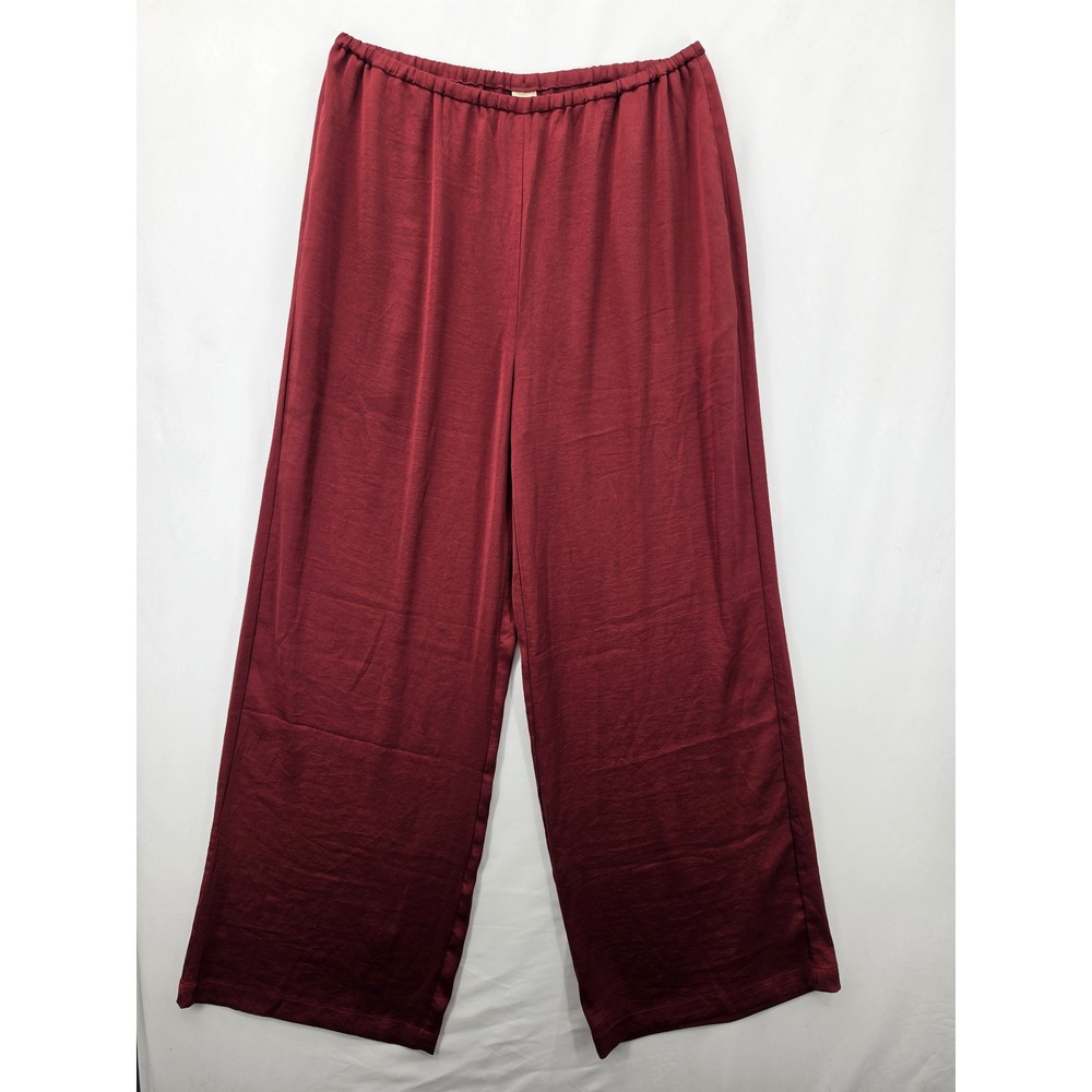 Open Edit Burgundy Wide Leg Pants Elastic Waist Flowy Trousers Wine Red Medium